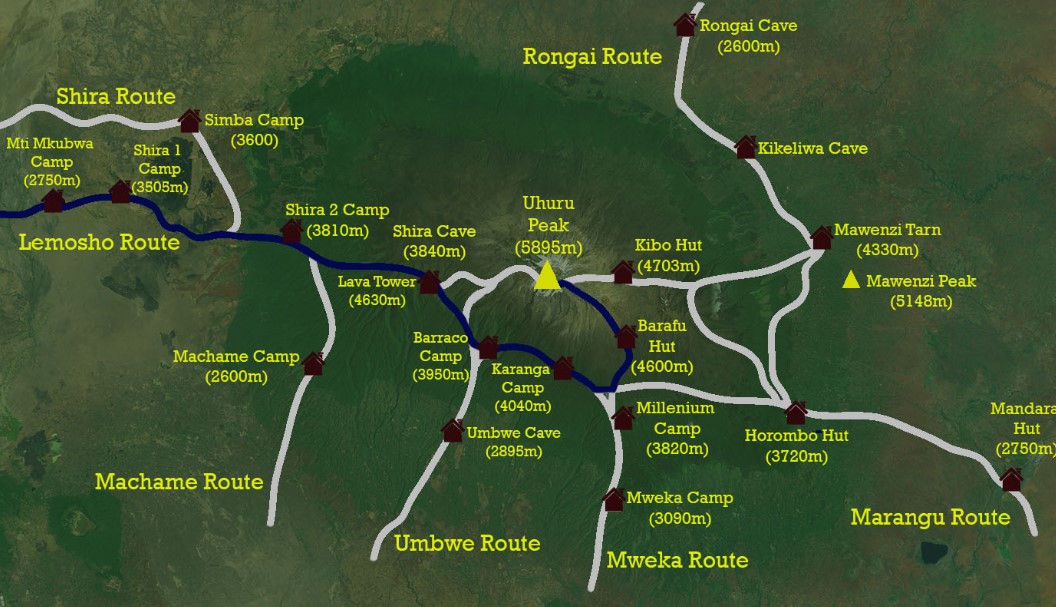 different routes to the top of Kilimanjaro